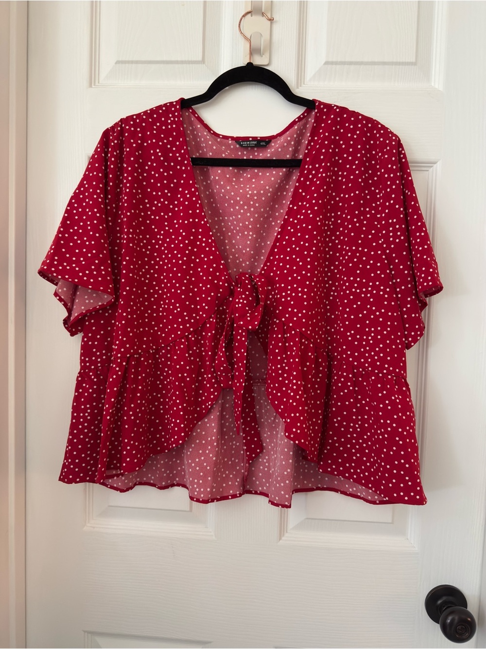 Red & White Polka Dot Tie Front Short Sleeve Cropped Blouse